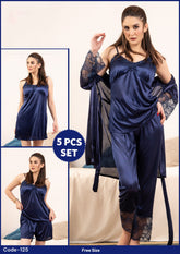 5 Pcs Silk Nighty Set With Gown - 125